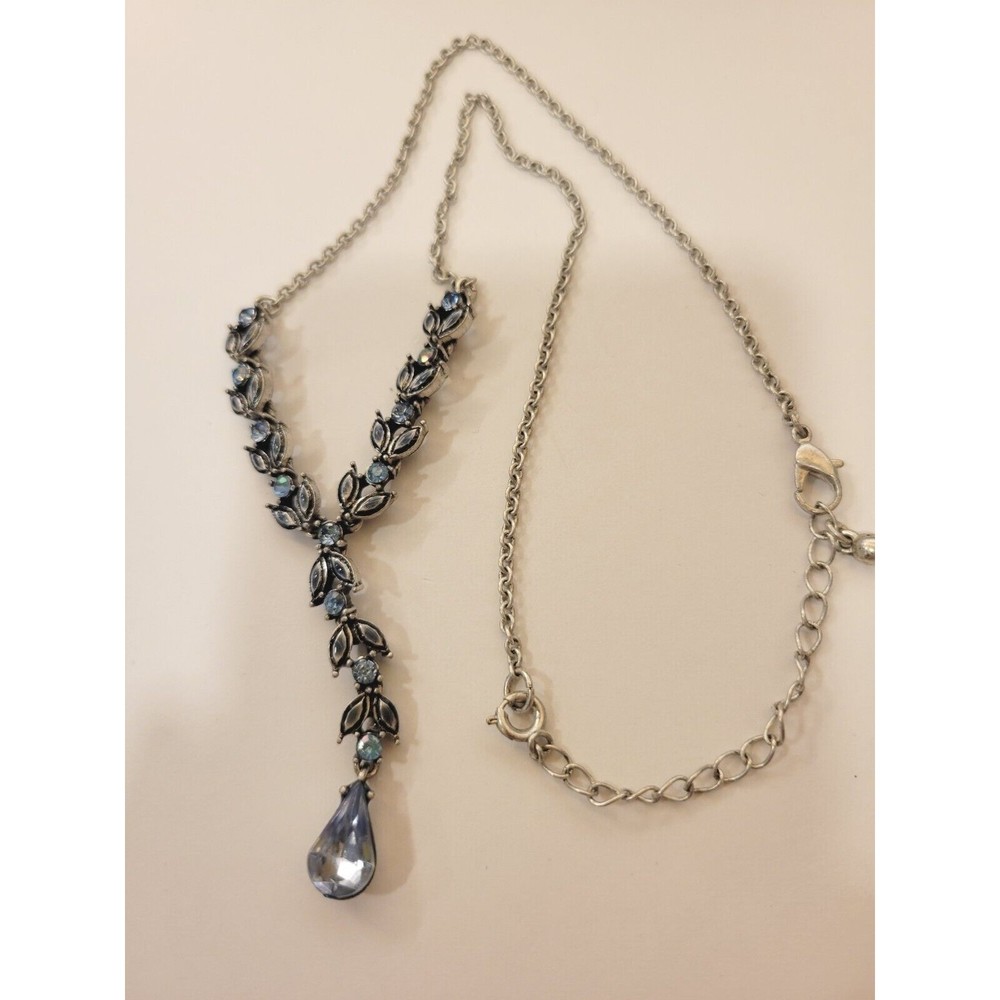 Avon Necklace Blue Stone Silver Tone Leaf Y Drop 16" - 18" Fashion Jewelry